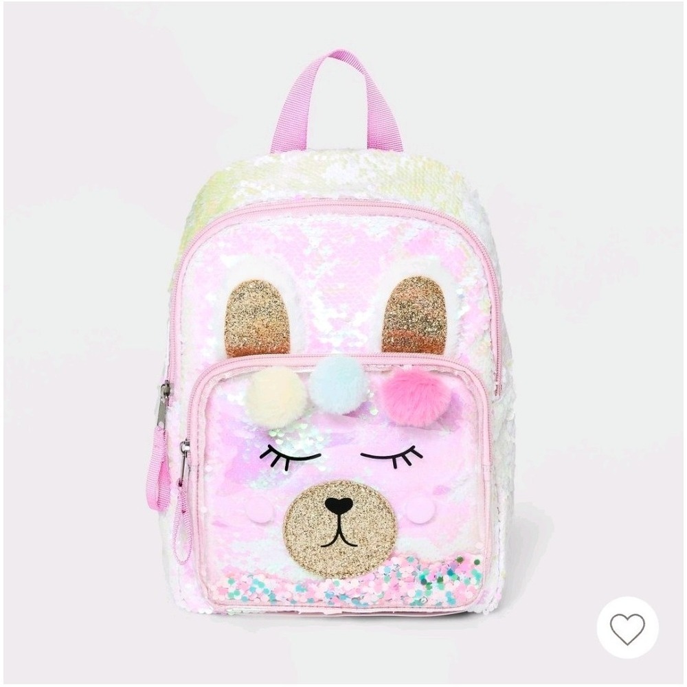 Cat & Jack Llama Sequin Glitter Backpack Pom Pom Pink Small Girls Zip Adjustable